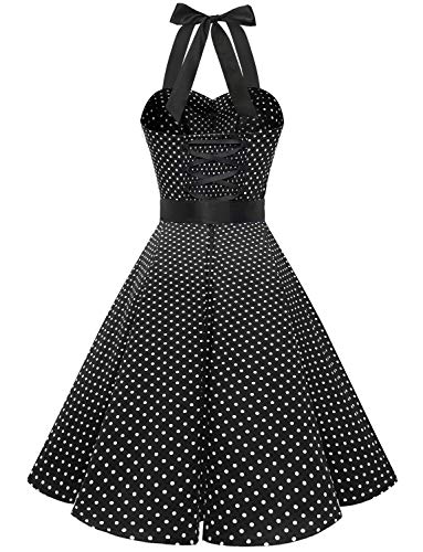 Dressystar Vestidos Corto Cuello Halter Estampado Flores y Lunares Vintage Retro Fiesta 50s 60s Rockabilly Mujer Negro S