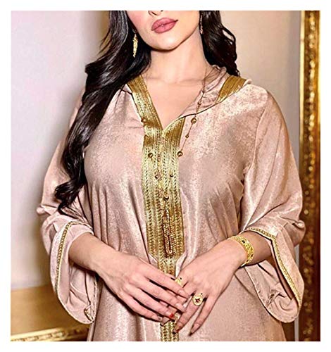 DSJTCH Dubai Árabe Musulmán Abaya Vestido para Mujeres Fall 2020 Champagne Marruecos Marroquí Kaftan Capucha Robe Turco Islámico Jalabiya (Color : Champagne Abaya, Size : Large)