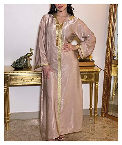 DSJTCH Dubai Árabe Musulmán Abaya Vestido para Mujeres Fall 2020 Champagne Marruecos Marroquí Kaftan Capucha Robe Turco Islámico Jalabiya (Color : Champagne Abaya, Size : Large)