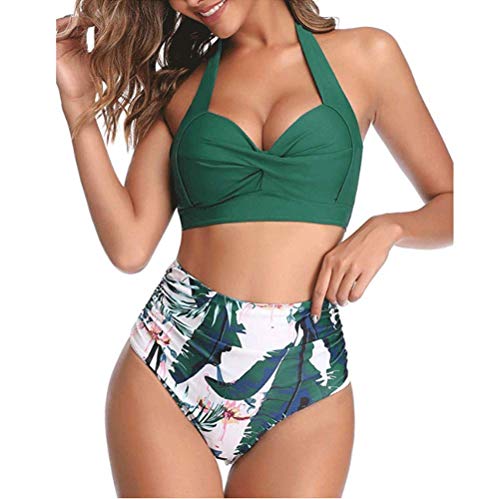 DURINM Conjunto De Bikini de Mujer Traje de Baño 2 Piezas de Cuello Halter Traje de Baño de Estampado Floral de Cintura Alta para el Verano
