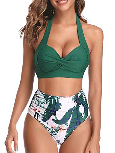 DURINM Conjunto De Bikini de Mujer Traje de Baño 2 Piezas de Cuello Halter Traje de Baño de Estampado Floral de Cintura Alta para el Verano