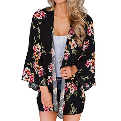 ECOMBOS - Kimono de gasa para mujer, estilo bohemio, ligero Negro XL