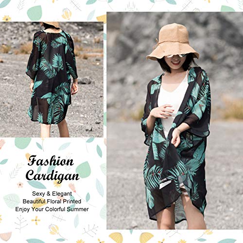 ECOMBOS Kimono largo para mujer con diseño floral, de gasa, para la playa, para verano, blusa, top, traje de playa, cubierta para bikini, ligera, estilo bohemio verde L