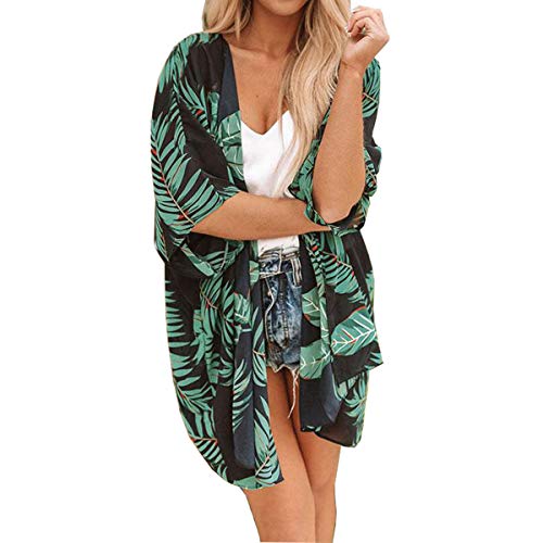 ECOMBOS Kimono largo para mujer con diseño floral, de gasa, para la playa, para verano, blusa, top, traje de playa, cubierta para bikini, ligera, estilo bohemio verde L