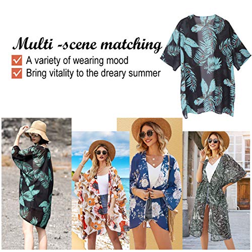 ECOMBOS Kimono largo para mujer con diseño floral, de gasa, para la playa, para verano, blusa, top, traje de playa, cubierta para bikini, ligera, estilo bohemio verde L