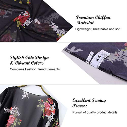 ECOMBOS - Kimono largo para mujer con estampado floral, para la playa, gasa o para el verano, estilo bohemio Negro M