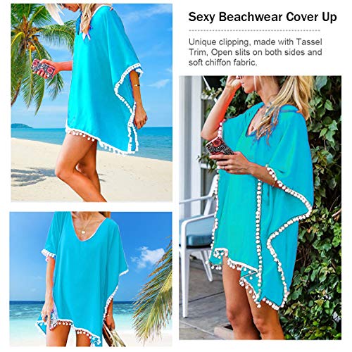 ECOMBOS - Vestido de playa para mujer - Bikini, poncho de playa, gasa, vestido de verano, vestido boho, túnica, pareo con borlas azul claro Talla única