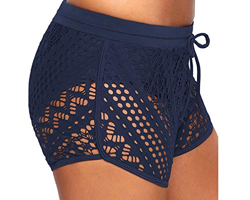 Ecupper Bañador para mujer de ganchillo con punta, pantalones cortos para la playa azul Large
