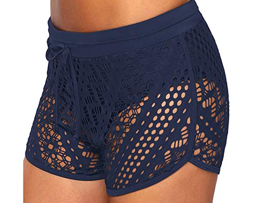 Ecupper Bañador para mujer de ganchillo con punta, pantalones cortos para la playa azul Large