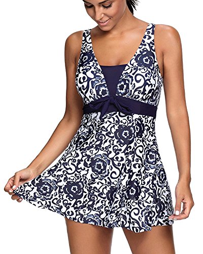 Ecupper Traje de baño para mujer, diseño de flores, acolchado, con pantalones cortos, tallas grandes azul marino XX-Large