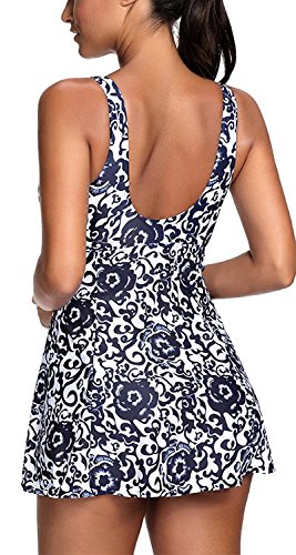 Ecupper Traje de baño para mujer, diseño de flores, acolchado, con pantalones cortos, tallas grandes azul marino XX-Large