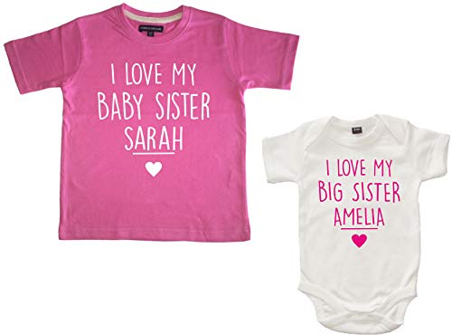 Edward Sinclair - Conjunto de camiseta con texto en inglés "I Love My Baby Sister", color rosa chicle, con texto en inglés "I Love My Big Sister", color blanco Bubblegum Rosa/Blanco 5-6 años/3-6 meses
