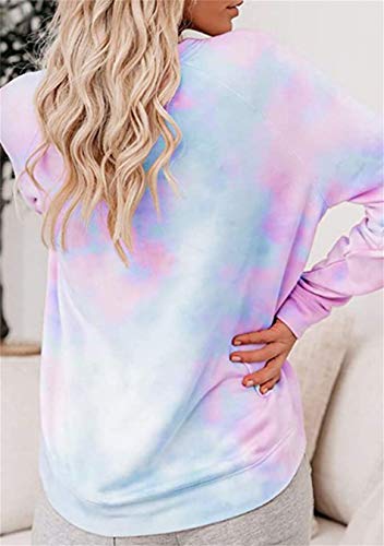 EFOFEI Sudadera para mujer Tie-Dye sin tirantes, de arcoíris, camiseta de manga larga con tinta casual. Azul H + lila. M