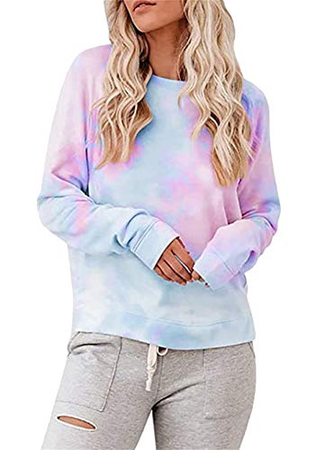 EFOFEI Sudadera para mujer Tie-Dye sin tirantes, de arcoíris, camiseta de manga larga con tinta casual. Azul H + lila. M