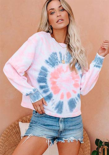 EFOFEI Sudadera para mujer Tie-Dye sin tirantes, de arcoíris, camiseta de manga larga con tinta casual. L-rosa y gris. XXL