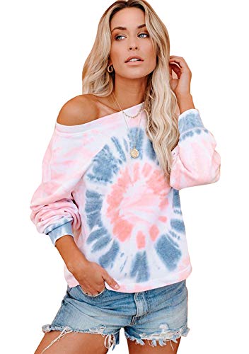 EFOFEI Sudadera para mujer Tie-Dye sin tirantes, de arcoíris, camiseta de manga larga con tinta casual. L-rosa y gris. XXL