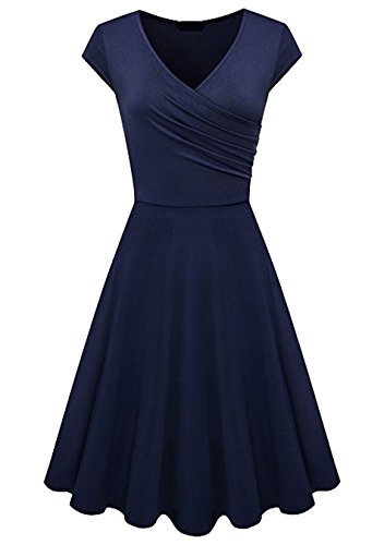 EFOFEI Vestido Informal para Mujer con Manga Casquillo Vestido Midi con Vuelo Azul Marino XXL