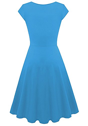 EFOFEI Vestido Midi con Cuello en V para Mujer Vestido Vintage a Media Pierna Vestido con Vuelo Azul Claro XS