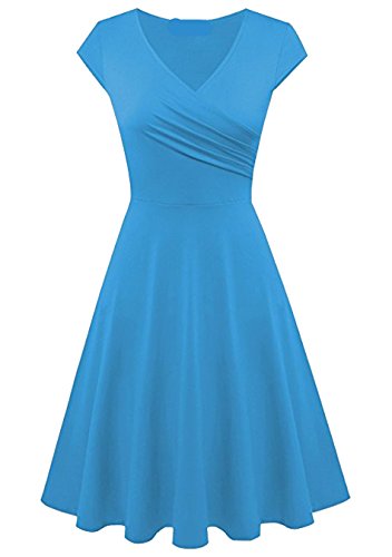 EFOFEI Vestido Midi con Cuello en V para Mujer Vestido Vintage a Media Pierna Vestido con Vuelo Azul Claro XS