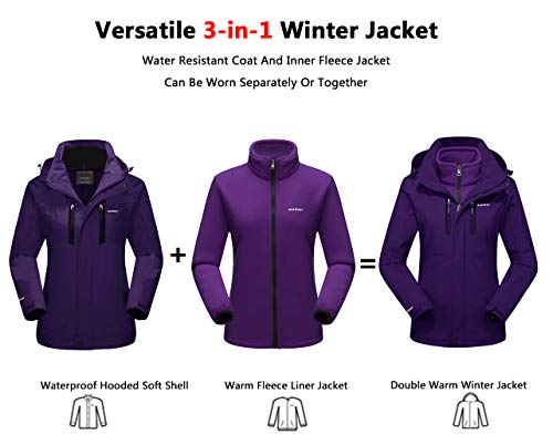 EKLENTSON Chaqueta para Mujer - 3 en 1,Softshell,Cálida,para Senderismo de Invierno Esquí Snowboard,Capucha Desmontable,Talla L, Color Morado Oscuro