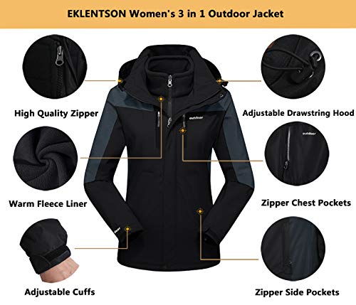 EKLENTSON Chaqueta para Mujer - 3 en 1,Softshell,Cálida,para Senderismo de Invierno Esquí Snowboard,Capucha Desmontable,Talla L, Color Morado Oscuro