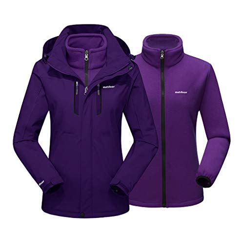 EKLENTSON Chaqueta para Mujer - 3 en 1,Softshell,Cálida,para Senderismo de Invierno Esquí Snowboard,Capucha Desmontable,Talla L, Color Morado Oscuro
