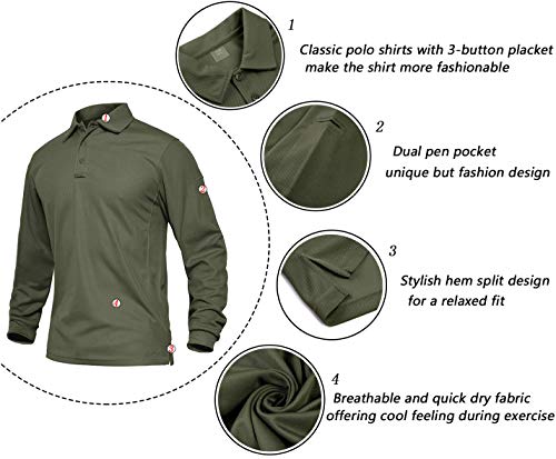 EKLENTSON Hombre Camisas - Polos de Golf de Manga Larga Casuales y Ligeros Camisas de Deporte Militar Verde Militar Talla M