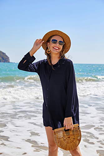 Ekouaer Vestido de playa para mujer, cuello en V, poncho de playa, bikini y vestido de verano, tallas S-XXL azul marino S