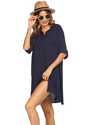 Ekouaer Vestido de playa para mujer, cuello en V, poncho de playa, bikini y vestido de verano, tallas S-XXL azul marino S