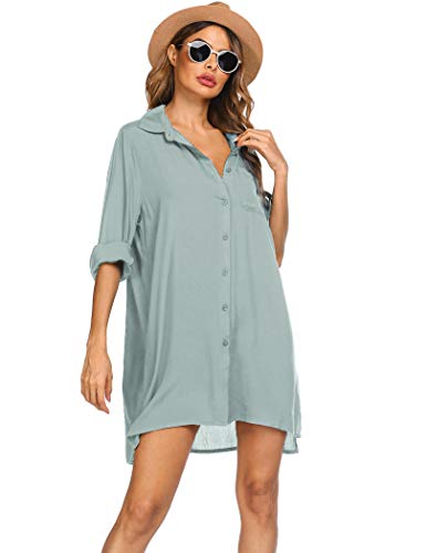 Ekouaer Vestido de playa para mujer, cuello en V, poncho de playa, bikini y vestido de verano, tallas S-XXL Verde militar S