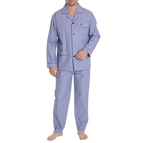 El Búho Nocturno - Pijama Hombre Largo Solapa Popelín Cuadros Azul Oscuro Talla 4 (L) Olímpico Rayas 100% algodón