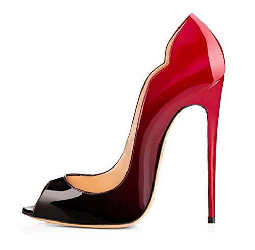 ELASHE - Zapatos de tacón - 12 CM Clásicas Tacones Altos - Boda Wedding Peep Toe Pumps Negras y Rojas EU36