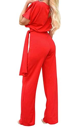 Eledobby Mono Elegante Mujer con Cinturón Manga Corta Piernas Anchas Mamelucos Largo Oficina Escote en O Vestir Cintura Alta Otoño Ropa Casuales Rojo XL