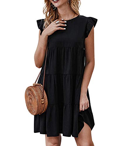 Eledobby Vestido de Túnica sin Mangas para Mujer Vestidos con Volantes y Volantes Boho Vestido de Tirantes Plisado Casual Primavera Verano Ropa para Fiesta Playa Color Sólido Negro S