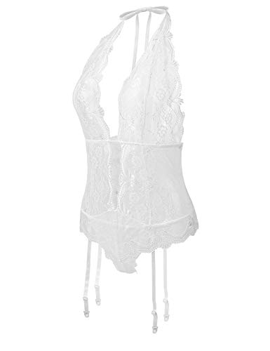 EVELIFE Body de Encaje Mujer Sexy Cuello en V Profundo Ropa Interior, Halter Sin Espalda Bodysuit Conjunto de Lencería con Liguero y Tanga (Blanco Large)