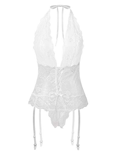 EVELIFE Body de Encaje Mujer Sexy Cuello en V Profundo Ropa Interior, Halter Sin Espalda Bodysuit Conjunto de Lencería con Liguero y Tanga (Blanco Large)