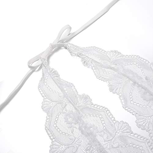 EVELIFE Body de Encaje Mujer Sexy Cuello en V Profundo Ropa Interior, Halter Sin Espalda Bodysuit Conjunto de Lencería con Liguero y Tanga (Blanco Large)
