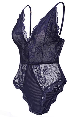 EVELIFE Body Mujer Erótica Ropa Interior Lingerie Sexy Lenceria Encaje Floral Cuello V Una Pieza Lencería Transparente(Azul L)
