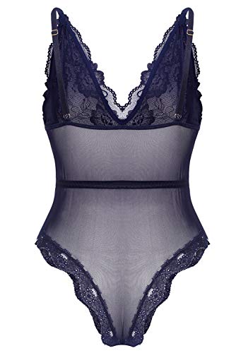 EVELIFE Body Mujer Erótica Ropa Interior Lingerie Sexy Lenceria Encaje Floral Cuello V Una Pieza Lencería Transparente(Azul L)