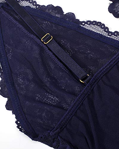 EVELIFE Body Mujer Erótica Ropa Interior Lingerie Sexy Lenceria Encaje Floral Cuello V Una Pieza Lencería Transparente(Azul L)