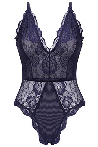 EVELIFE Body Mujer Erótica Ropa Interior Lingerie Sexy Lenceria Encaje Floral Cuello V Una Pieza Lencería Transparente(Azul L)