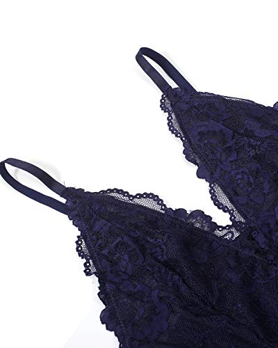 EVELIFE Body Mujer Erótica Ropa Interior Lingerie Sexy Lenceria Encaje Floral Cuello V Una Pieza Lencería Transparente(Azul L)