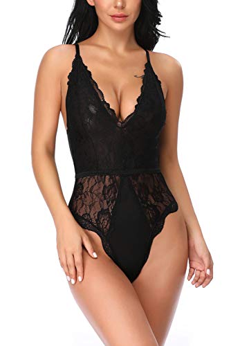 EVELIFE Body Mujer Erótica Ropa Interior Lingerie Sexy Lenceria Encaje Floral Cuello V Una Pieza Lencería Transparente(Negro L)