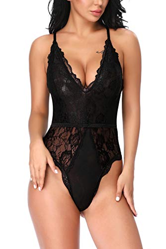 EVELIFE Body Mujer Erótica Ropa Interior Lingerie Sexy Lenceria Encaje Floral Cuello V Una Pieza Lencería Transparente(Negro L)