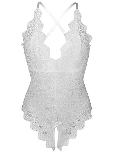 EVELIFE Body Mujer Sexy Lenceria Encaje Transparente Lingerie Profundo V Ropa Interior Lencería Una Pieza(Blanco L)