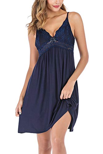 EVELIFE Camisón Mujer Sexy Cuello en V Ropa de Dormir Abierto Posterior Babydoll Encaje con Correas Ajustables (Azul Marino, Large)
