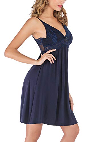 EVELIFE Camisón Mujer Sexy Cuello en V Ropa de Dormir Abierto Posterior Babydoll Encaje con Correas Ajustables (Azul Marino, Large)