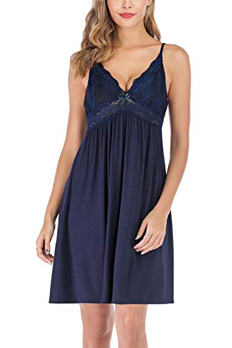 EVELIFE Camisón Mujer Sexy Cuello en V Ropa de Dormir Abierto Posterior Babydoll Encaje con Correas Ajustables (Azul Marino, Large)