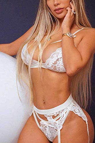 EVELIFE Conjunto de Lencería Mujer Sujetadores con Liguero Sexy Lencería 3 Piezas Tanga y Liguero Sin Medias(Blanco S)