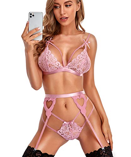 EVELIFE Conjunto de Lencería Mujer Sujetadores con Liguero Sexy Lencería 3 Piezas Tanga y Liguero Sin Medias(Rosa Claro XL)